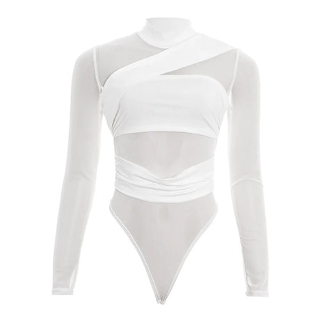 New 2026 White Bandage Bodysuit Women Mesh Transparent Sexy Slim Stretchy Jumpsuit Top T-shirt Long Sleeve Design 66005