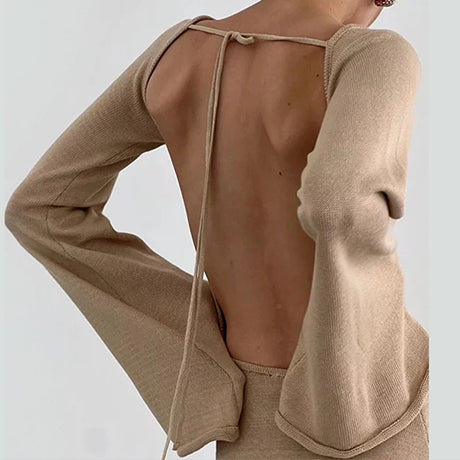New sexy Backless Round Collar Cover-Ups Solid Color Knit Beachwear Stylish Horn Sleeve Beach suit Female Holiday wrap Dress