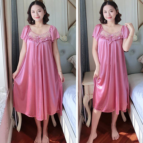 Ladies Ice Silk Nightgowns Sleeping Dress Medium Length Short Sleeve Nightdress Sexy Sleepwear Home Wear Loungewear Pyjama Femme