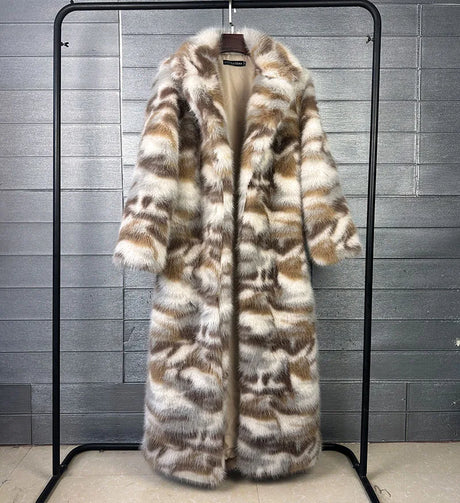 ZADORIN 130cm Long Thicken Lapel Cow Print White Brown Faux Fur Coat Woman Clothing Luxury Fluffy Jacket Winter Fur Coats Woman