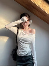 Lace Splice Asymmetrical Shoulder Long Sleeve T-Shirt Women's Slim Fit White Top for Autumn Winter Commute Casual Wear