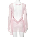 Womens Dresses Spring 2026 New Sexy See Through Backless Low Chest Mini Dress Streetwear Fashion Lace-up Long Sleeves Lady Dress