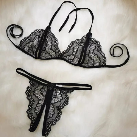 New Style Erotic Three-point Lingerie Set Women's Lace Hollowed Out Non Adjustable Underwear Sexy Crotchless Low Waist G-string