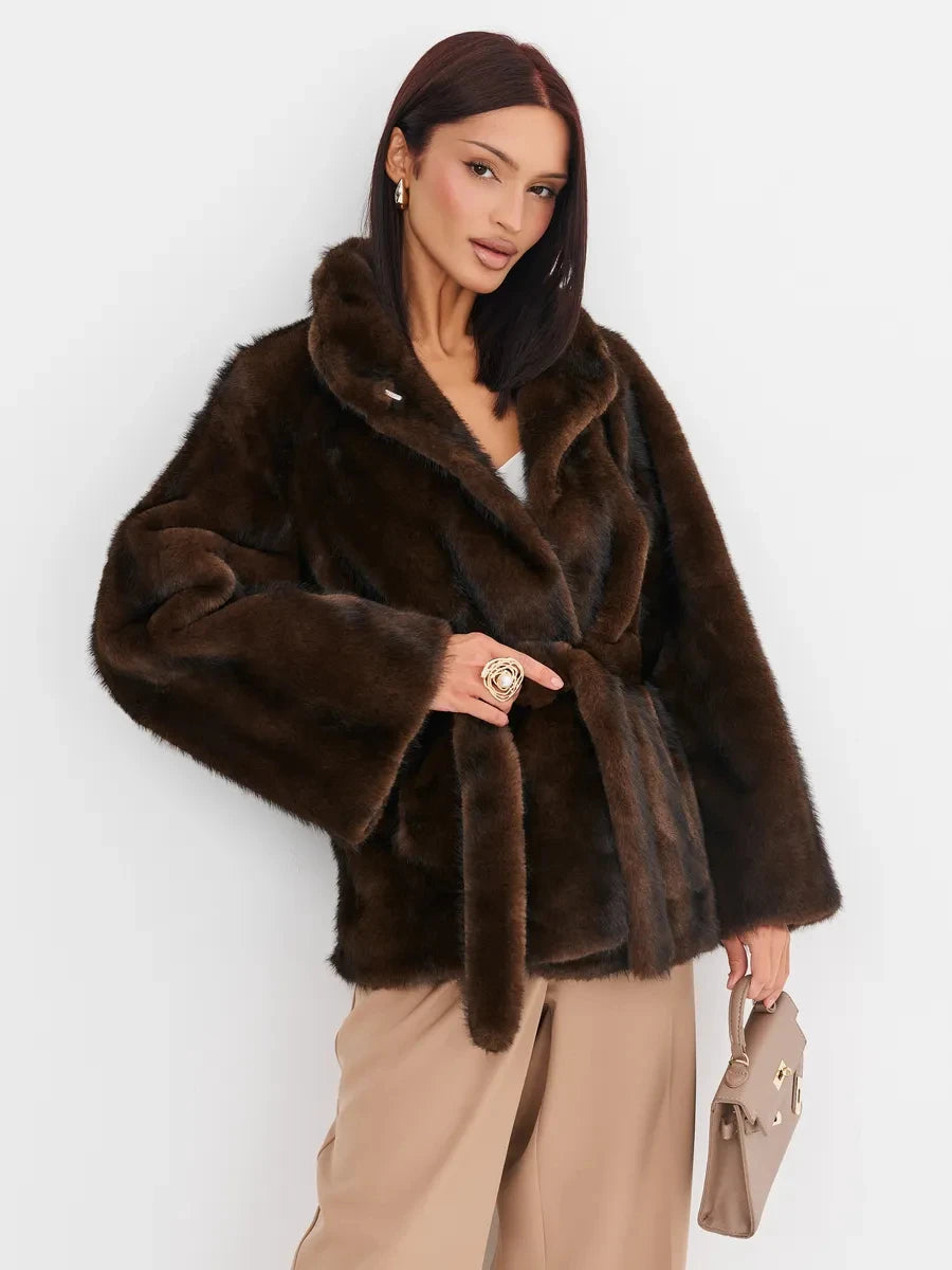 2026 Autumn Winter Women Faux Mink Fur Coat Lapel Collar Belted Long Jacket Luxury Fluffy Outerwear Brown