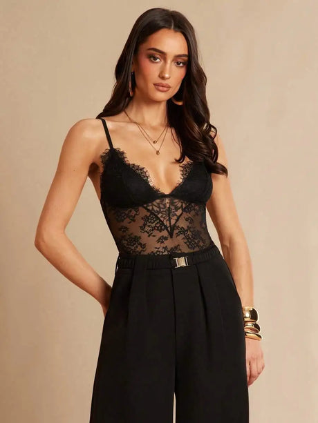 Silquee Women's Black Floral Lace-Trimmed See-Through Bodysuit,Elegant Charming Versatile Club Bodysuit,Perfect For Summer