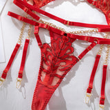 Red Bondage Lingerie Set Women Gold Chain Lace Harness Unlined Underwire Bra Garter Belt Thigh Rings Gothic Punk Exotic Apparel