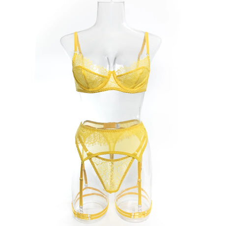 InstaBay Delicate Lace Lingerie 4 Pcs Sets Woman Mesh Patchwork See Through Bras And Thongs Garter Suits Erotic Intimate Outfit