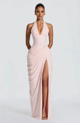 Mozision Wine Red Halter Deep V Maxi Dress Women Elegant Draped Ruched High Split Bodycon Cocktail Wedding Club Party Dresses