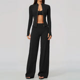 Women's 2/3Pcs Yoga Set Zip Jacket Sports Bra Cross Back Wide Leg Flare Pants Push Up Gym Set Workout Running Fitness Activewear