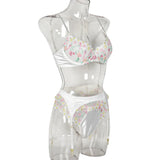 New White Floral Embroidery Fairy Lingerie Sets Transparent Mesh Patchwork Underwear Garter Intimate Panties Erotic Suits
