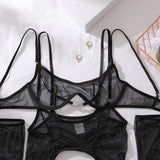 Ellolace Solid Women's Lingerie Sets Seductive See Through Bra Belt Thong 3PC with Gloves Stockings Sissy Sexy Women's Underwear