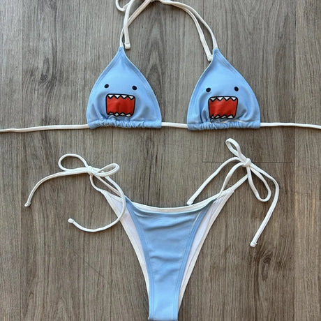 Y2K Cartoon Monster Bikini Halter Triangle Cup Tie Side Two Piece Beach Swimsuit