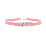 Sexy Rhinestone Letters Hotwife Collar Choker for Women Men DIY Customized Necklaces Pink Suede Leather Cosplay Jewelry Gift