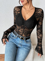 Benuynffy Black V-neck Long Sleeve Bodysuit Women's Sexy See Through Lace Bodys for Women Slim Fit One Pieces Tight Body Top
