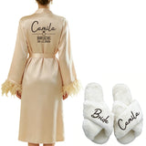 Personalized Name Date Wedding Feather Bride Robe Bridesmaid Bathrobe Nightwear Long Elegant Woman Gown Sexy Nightgown for Party