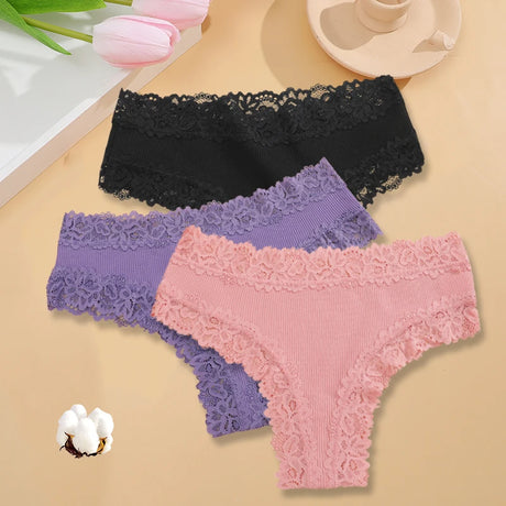 3PCS/Set Sexy Lace Seamless Cotton Brazilian Panties Women Ribbed Intimates Breathable Panties Low Waist Female Cotton Underwear