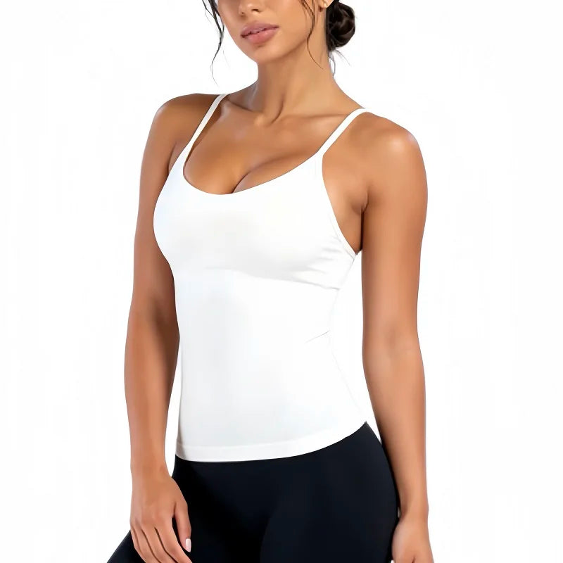 HISTELLO Impact Scoop Neck Top Women Seamless Yoga Tank Top Thin Strap Open Back High Stretch Slim Fit Gym Workout Fitness Wear