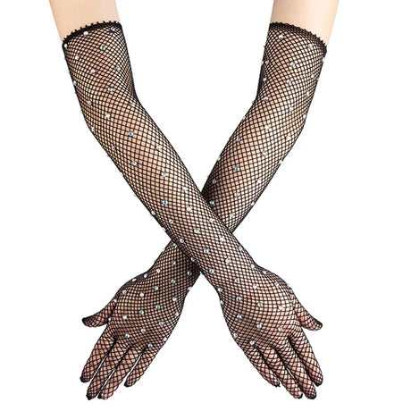 Sexy Elastic Mesh Gloves With Colored Flash Diamonds Bungee Stage Performance Hollow Fishing Net Punk Hiphop Women's Gloves R51