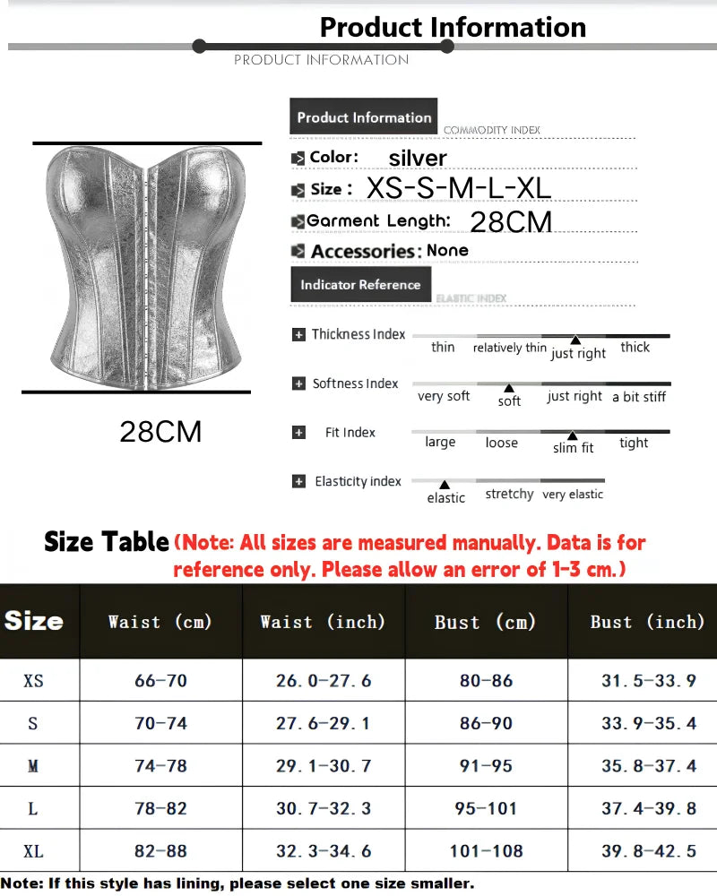 Women's Silver Metallic Strapless Corset Bustier Front Hook Back Lace-Up Waist Cincher Party Top
