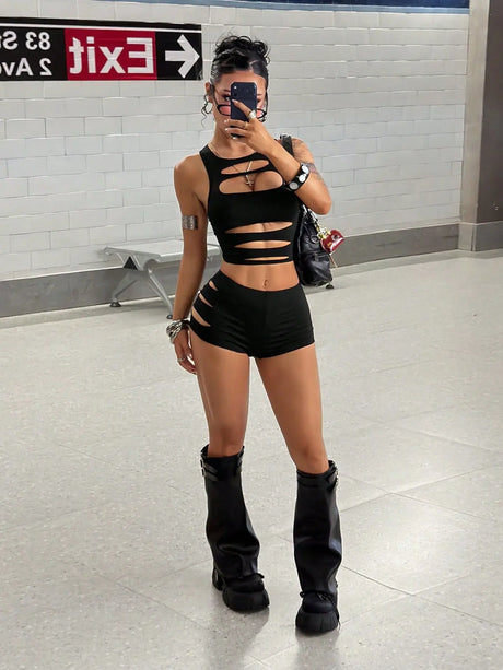 Trendy fashionable high street gothic style summer hot girl sexy slits holes open backs one-piece set short pants low waistline