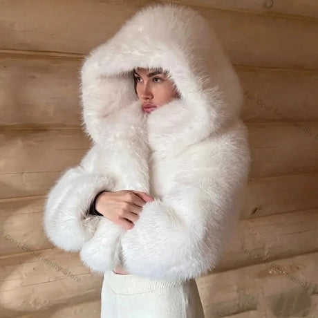 Women's Faux Fur Jacket White Mountain Fashion Hooded Cropped Faux Fur Coat Women Fluffy Women's Plush Coat Girls Hot Overcoat