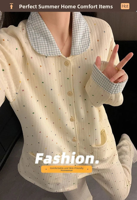 Thickened Air Cotton Sleepwear Set for Women Autumn Winter Polka Dot Home Clothes Korean Style Cute Girl Long Sleeve V-Neck