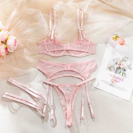 InstaBay Delicate Lace Lingerie 4 Pcs Sets Woman Mesh Patchwork See Through Bras And Thongs Garter Suits Erotic Intimate Outfit