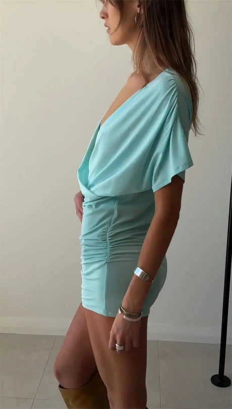 Mozision Deep V Neck Warp Sexy Mini Dress Women Elegant Short Sleeve Backless Ruched Bodycon Club Party Dress Female Clubwear