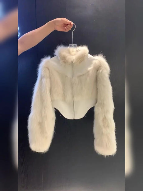 Cropped Faux Fur Coat Women Fashion Elegant Patchwork Fluffy Jacket Winter Ladies Korean Long Sleeve Furry Outerwears New