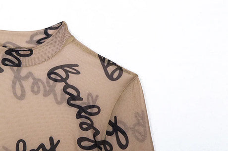 2025 Summer Sexy Letter Print Transparent Mesh Bodysuits Long Sleeve See Through Baby Bodycon Rompers Women Jumpsuits