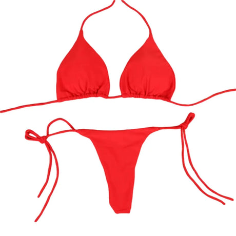 Solid Red String Bikini Set Halter Neck Triangle Top Side Tie Thong Bottom Women Summer Beach Swimwear