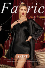 New European Luxury Plus Size Women Pajama Set Sexy Spaghetti Strap Nightgown with Fringe Trim Matching Robe Loungewear
