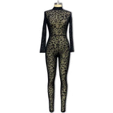 Y2k Hot Girl New Long Sleeve Bodycon Leopard Print Women Jumpsuit Sexy Sheer Mesh Bodysuits Catsuit Party Clubwear