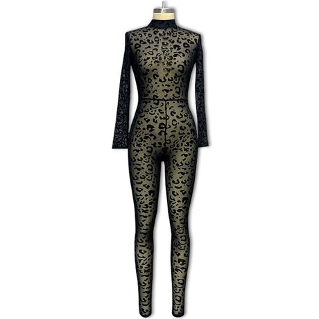 Y2k Hot Girl New Long Sleeve Bodycon Leopard Print Women Jumpsuit Sexy Sheer Mesh Bodysuits Catsuit Party Clubwear