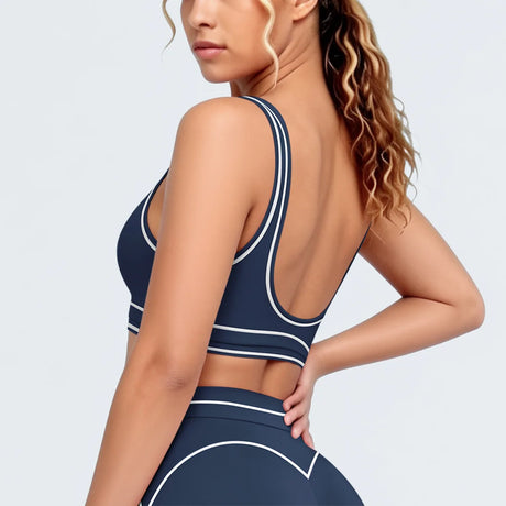 Women's Yoga Bra Vest Fitness Tank Running Workout Gym Top Push Up Padded Soft Slim Contrast Piping Racerback Sports Underwear