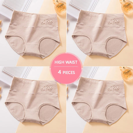 Plus Size M-5XL 4Pcs/Set High Waist Cotton Panties Women Body Shaper Underwear Soft Print Girls Briefs Slimming Female Lingerie