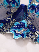 Women Royal Blue Floral Embroidery Lingerie Set Satin Sheer Mesh Underwire Bra & Thong Intimate Underwear ZA825146