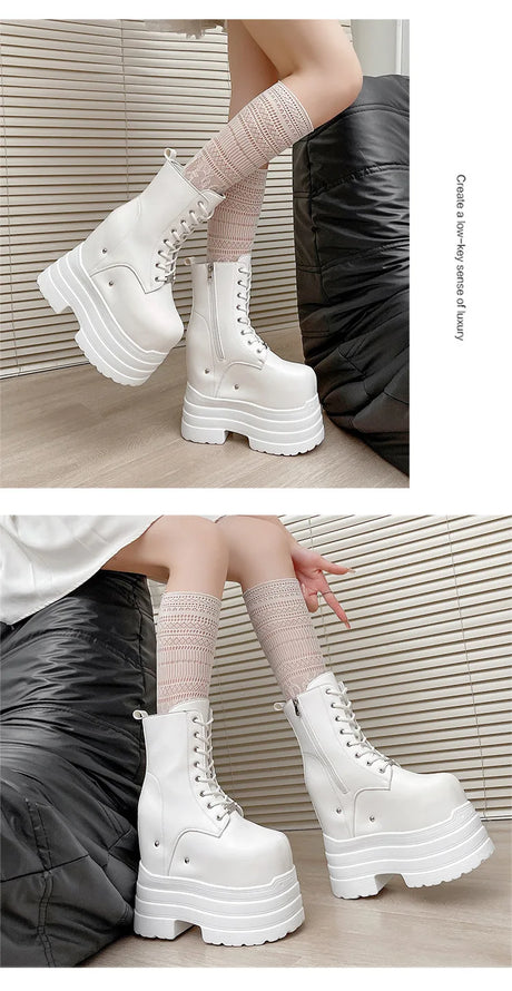 Height Increasing Women's High Boots Black Leather Thick Bottom Platform Shoes Side Zip Gothic Punk Short Boots Street Style