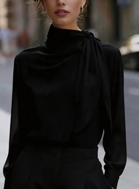 Women High Neck Tie Detail Long Sleeve Satin Blouse Elegant Draped Top for Office or Formal Events
