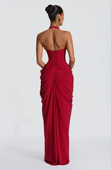 Mozision Wine Red Halter Deep V Maxi Dress Women Elegant Draped Ruched High Split Bodycon Cocktail Wedding Club Party Dresses