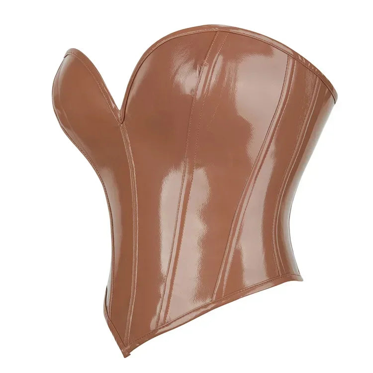 Black Shiny PVC Bustier Faux Leather Corset Crop Top Body Shaper Women Sexy Corselet Vest Plus Size