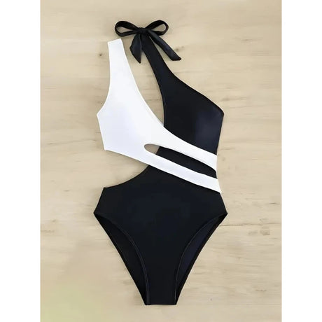 Sexy Swimwear Women Color Block Hollow Out Design One Shoulder Bikini Bodysuit Summer Beach Vacation High Cut One Piece Swimsuit
