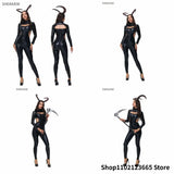 Halloween Cat Girl Masked Hero Cosplay Jumpsuit Black Patent Imitation Leather Bodysuit Nightclub Bar Carnival Party Catsuit New