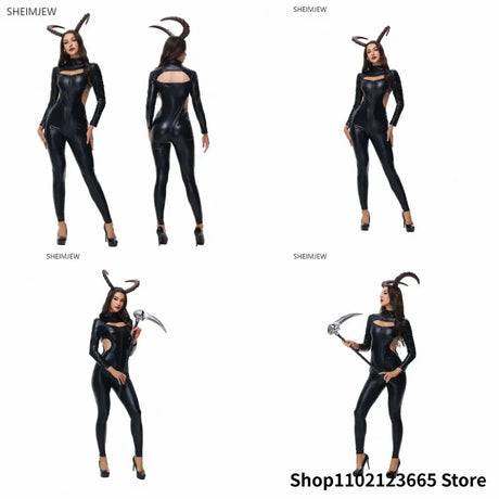 Halloween Cat Girl Masked Hero Cosplay Jumpsuit Black Patent Imitation Leather Bodysuit Nightclub Bar Carnival Party Catsuit New
