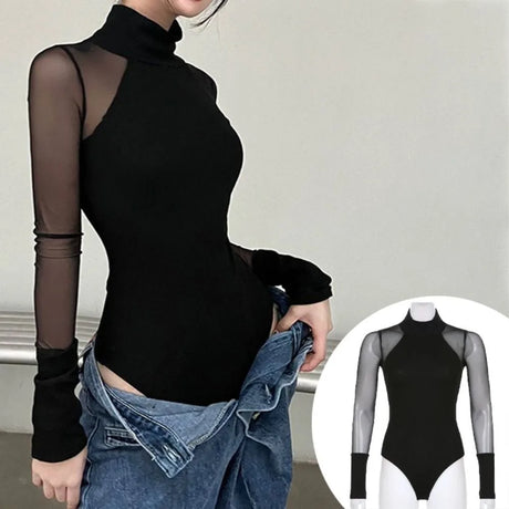 Fashion High Collar Long Sleeve Jumpsuit Translucent Simple Romper Shorts Female Clothes Slim Fit Lace Bottoming Shirt Female