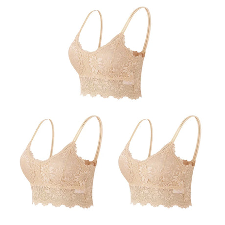 3PCS Women's Lace Bras Top Comfortable Bralette Solid Color Sexy Underwear Vest Female Hollow Out Wireless Lingerie Seamless Bra