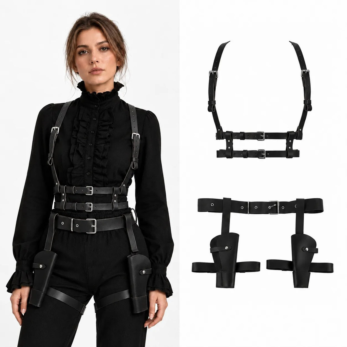 Women Faux Leather Set Steampunk Chest Harness Belt + Thigh Holster Medieval Pirate Cosplay Costume Accessories Halloween