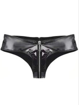 Women's Shiny Patent Leather Zipper Thong, Wet Look Low Rise Briefs, Sexy Fetish Lingerie for Club Party Cosplay