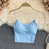 Sexy solid color crop tops sports spaghetti strap tanke top women built in bra off shoulder sleeveless omighty camisole hot