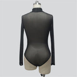 Sexy Women T Shirt See Through Mesh Black Long Sleeve Bodysuit Sheer Slim Turtleneck Tulle Crop Top T-Shirt Transparent Clubwear